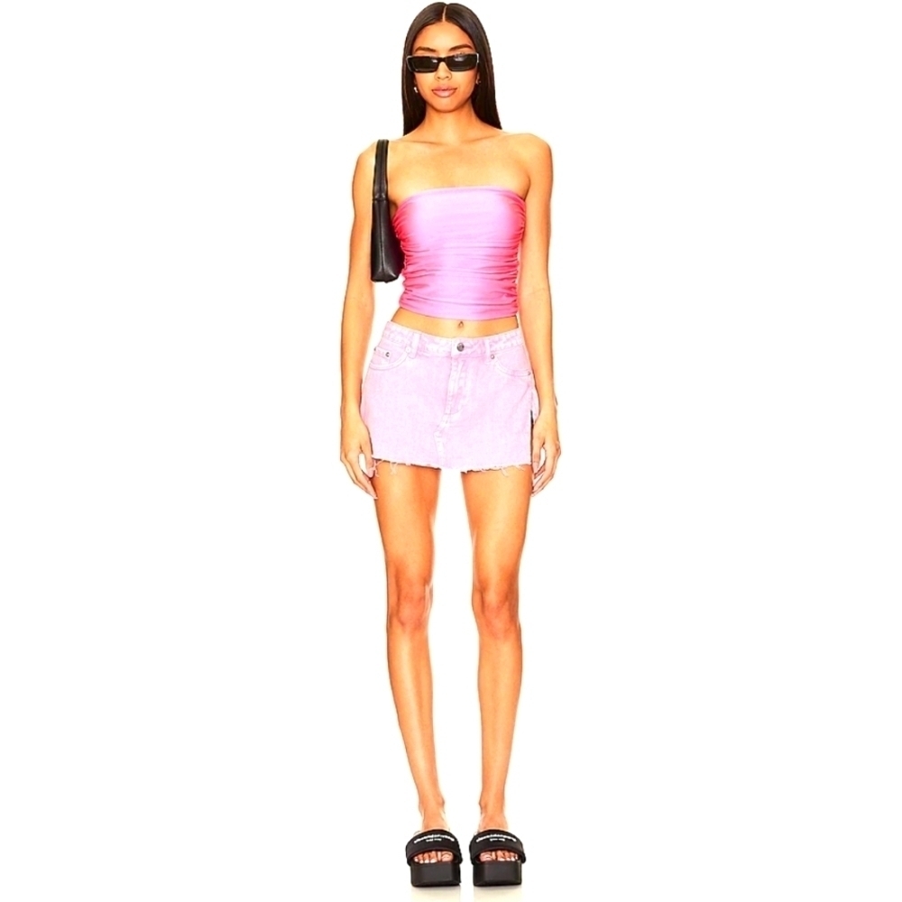 Y2K Pencil Skirt in Bleach Baby Pink Mini Micro Denim Jean Low Rise Raw Hem New